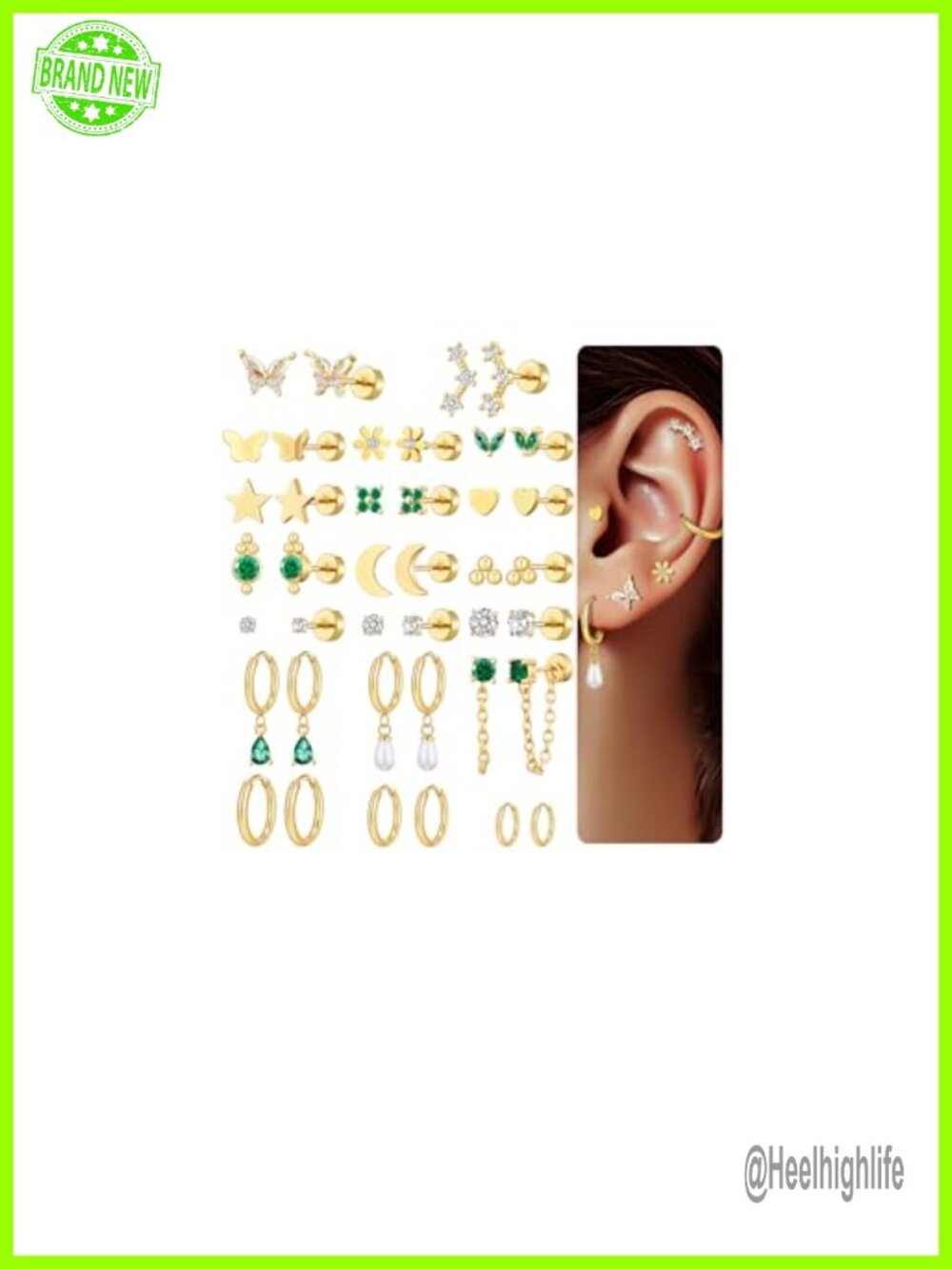 20 Pair 18K Gold Plated Stainless Steel Flat Back Stud Hoop Earring Set